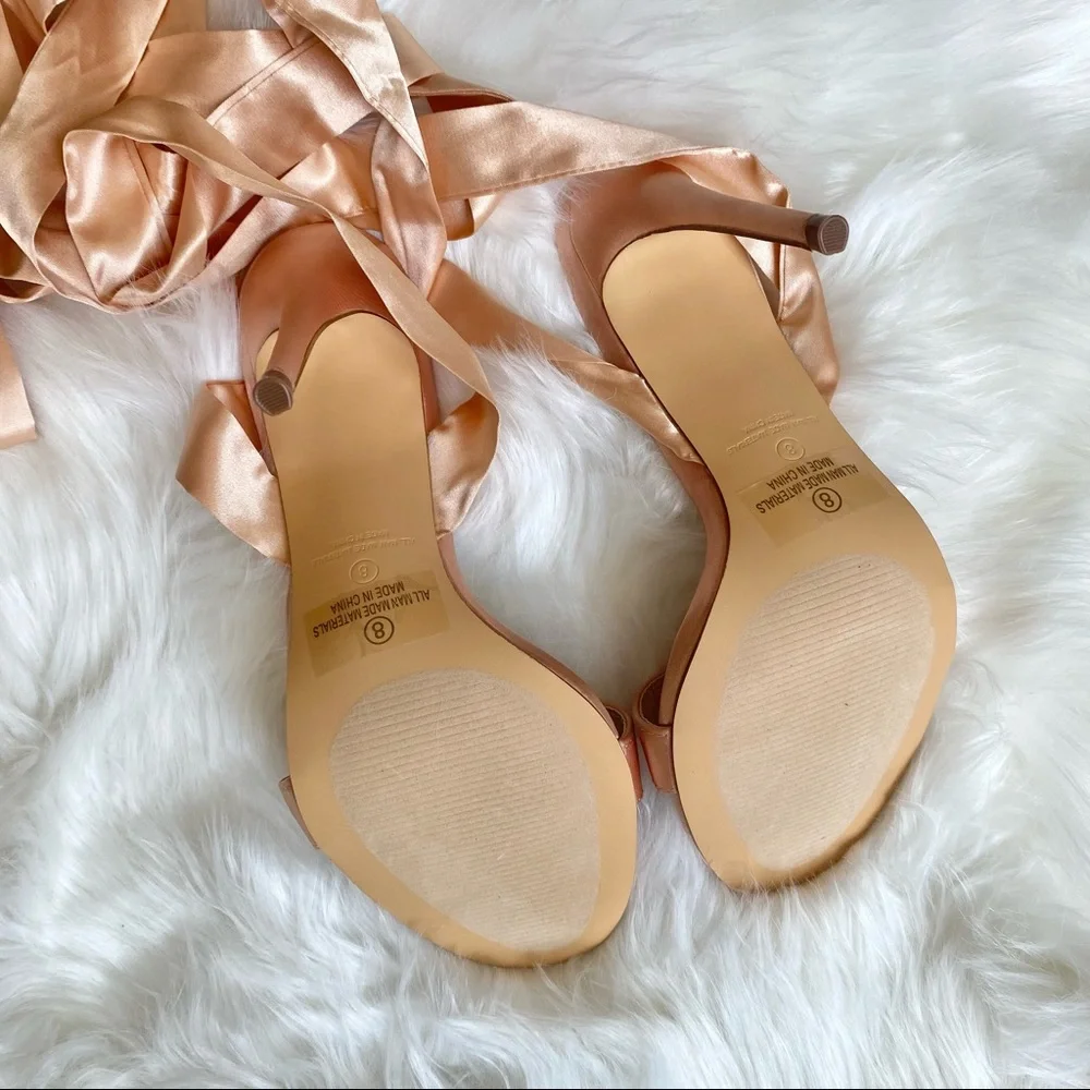 NIB Lulu’s Size 8 Champagne Gold Satin Lace-Up Stiletto Heel Sandals - Picture 8 of 10